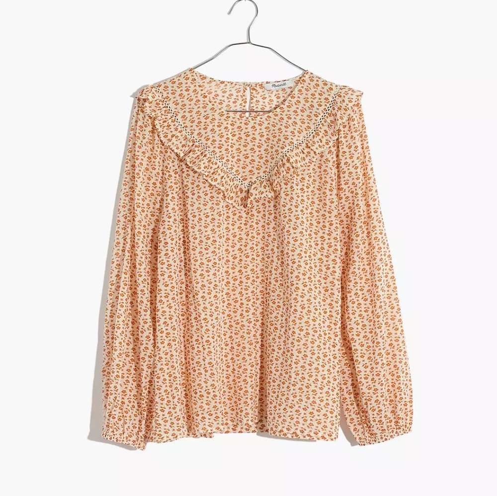 Madewell Floral Ruffle Blouse in Orange and Cream